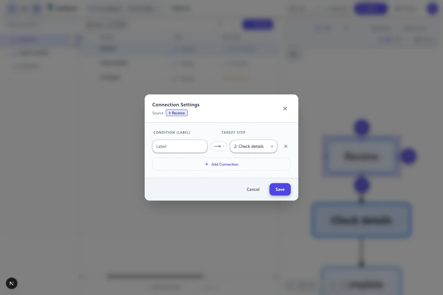 Actual screen: choosing a connection target from Next Step.