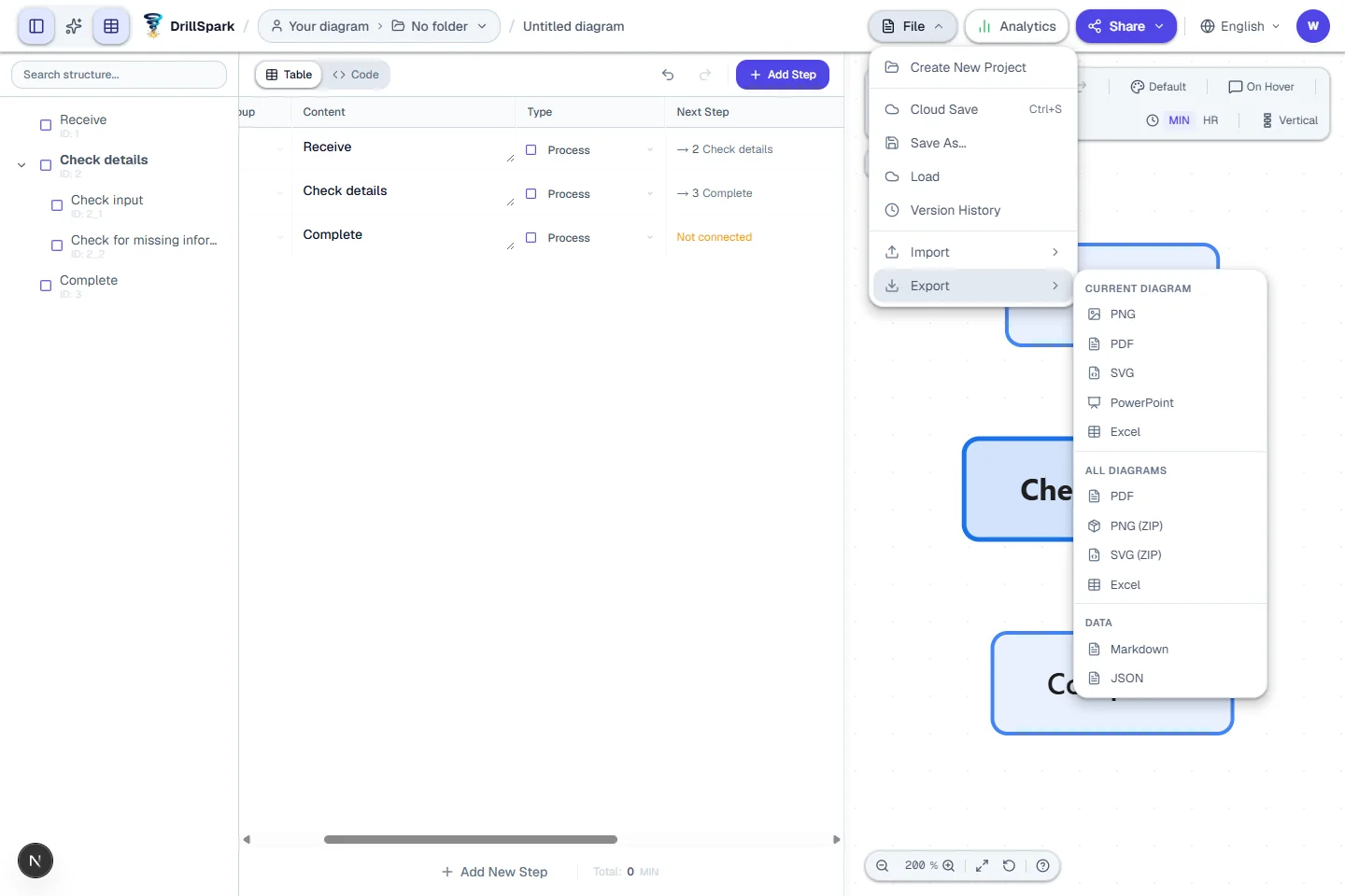 Actual screen: selecting an export scope and format from the File menu.