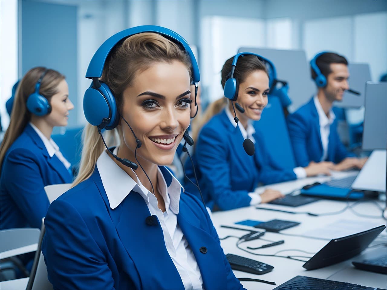 Call center agents wearing headsets assisting customers