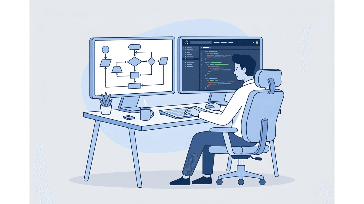 Software engineer working with flowcharts and code